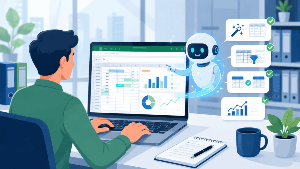 AI-powered financial analysis with a robot and a man at a desk.