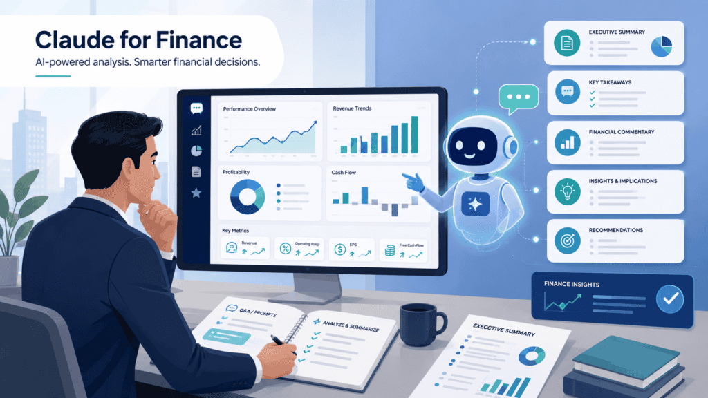 Finance professional analyzing AI-powered financial data on a computer screen.
