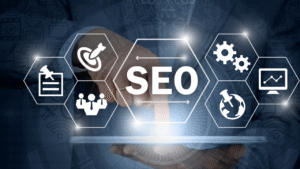 Digital icons representing SEO in 2025 on a touchscreen interface.