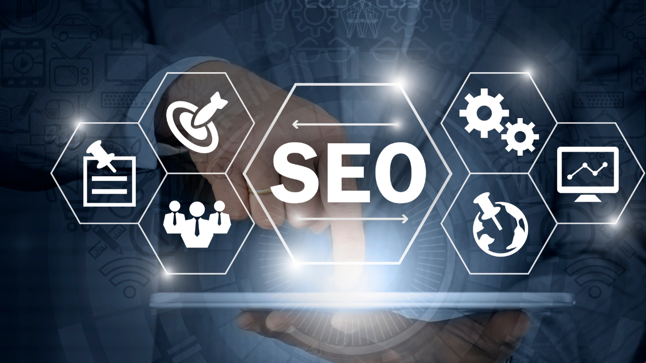 Digital icons representing SEO in 2025 on a touchscreen interface.