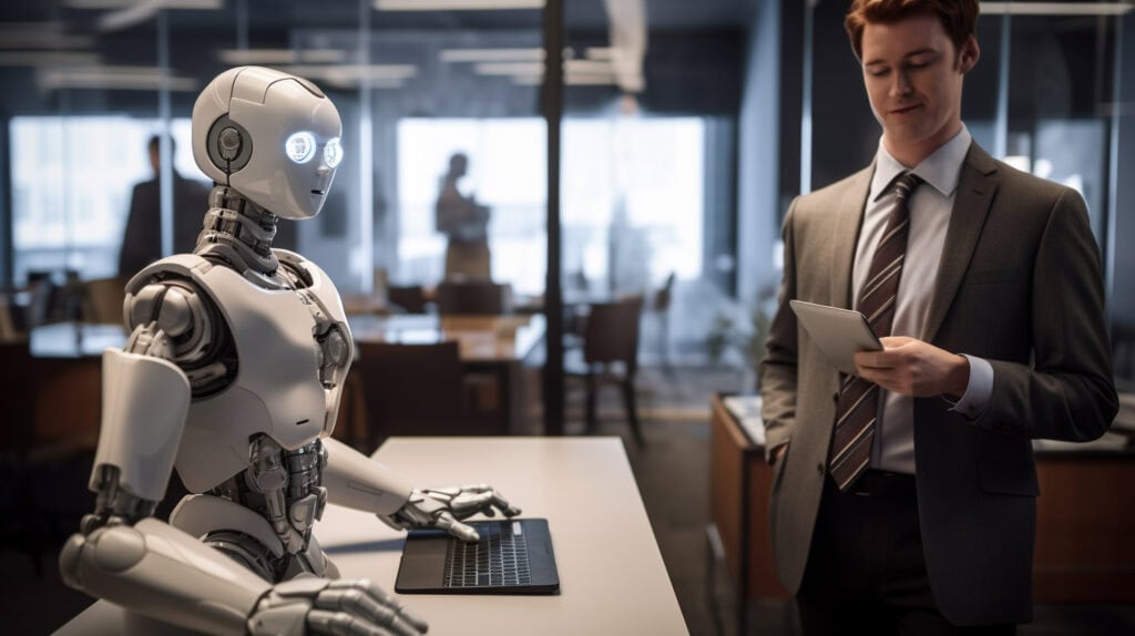 Business professional interacting with a robot in a modern office setting.