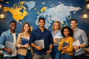 Group of diverse students smiling with laptops and books in front of a world map background.