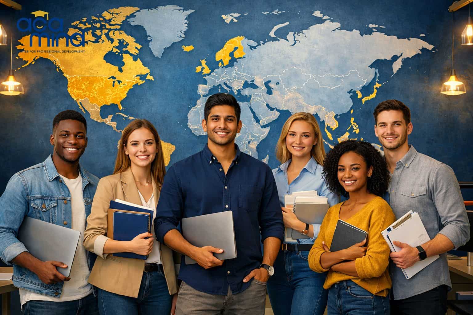 Group of diverse students smiling with laptops and books in front of a world map background.