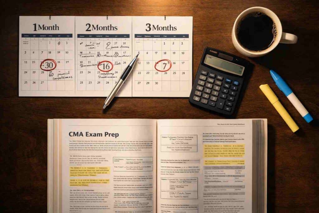 Calendar with study milestones for CMA exam preparation over three months.