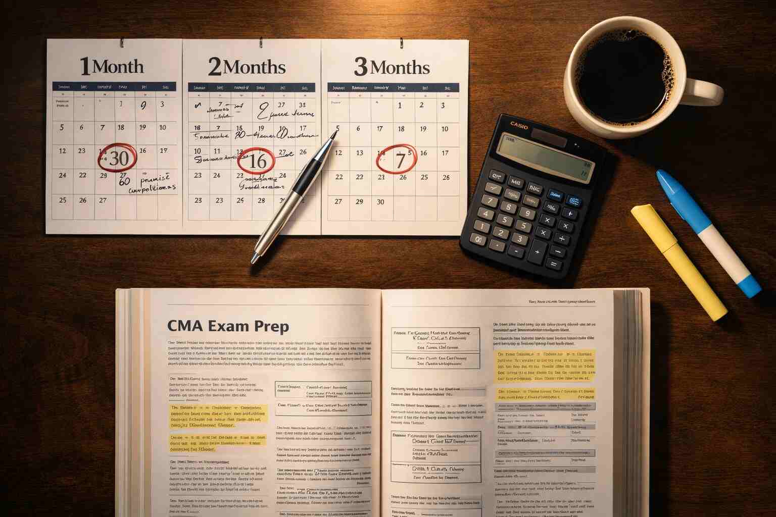 Calendar with study milestones for CMA exam preparation over three months.