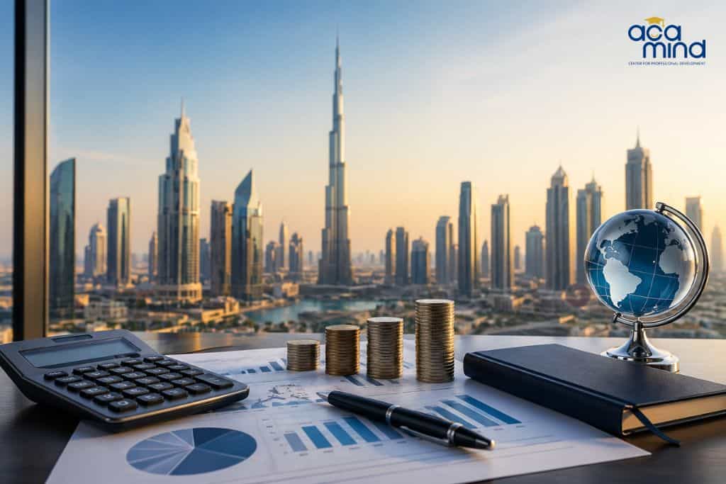 Financial district skyline with Dubai’s skyscrapers and financial tools in the foreground.