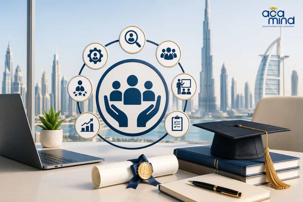 HR and AI training concepts with Dubai skyline background.