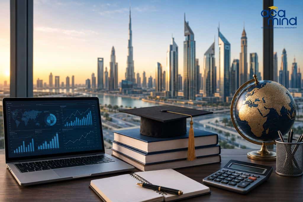 AI-generated image of a modern workspace with Dubai skyline in the background, featuring a laptop, b.