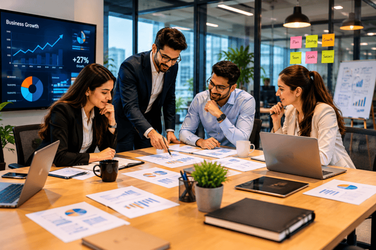 A detailed business meeting with professionals discussing data charts and strategies in a modern off.