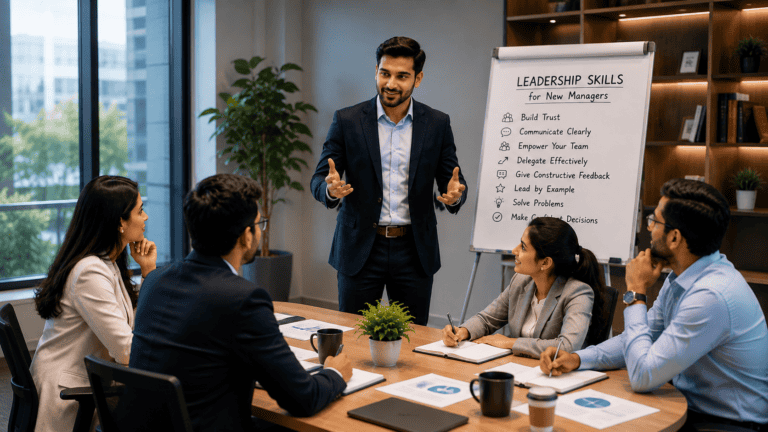 Business trainer presenting leadership skills to a diverse group in a modern office setting.