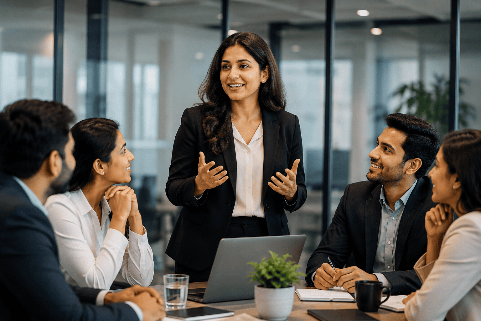 Effective businesswoman leading a team meeting in a modern office setting.