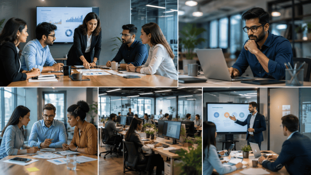 Business meeting with diverse professionals discussing data analytics and AI strategies.