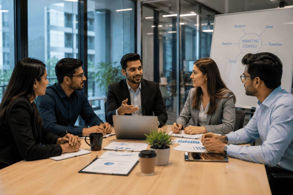 A woman presenting ideas to a team during a business meeting in a modern office setting.