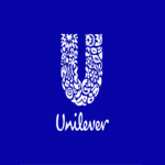 Unilever logo featuring artistic typography forming the letter U on a blue background.