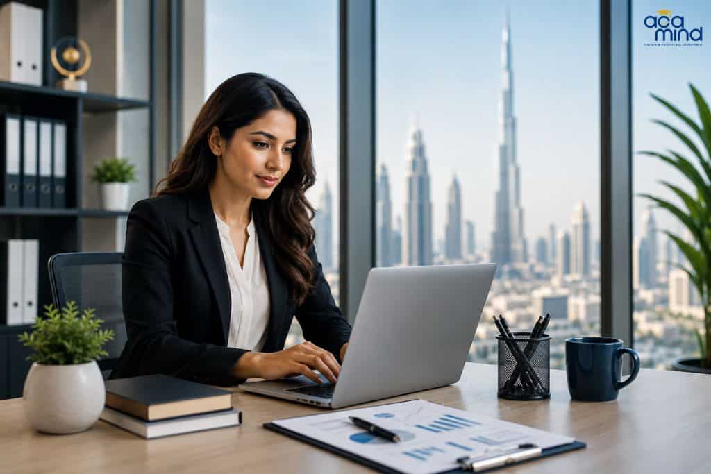 Businesswoman working on laptop at modern office with Dubai skyline view.