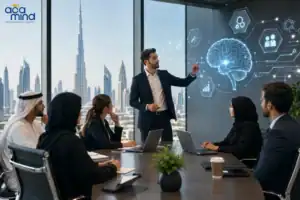 AI and data analytics expert presenting innovative solutions in a modern conference room with Dubai.