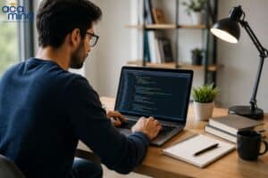AI coding student working on a laptop in a modern home office.