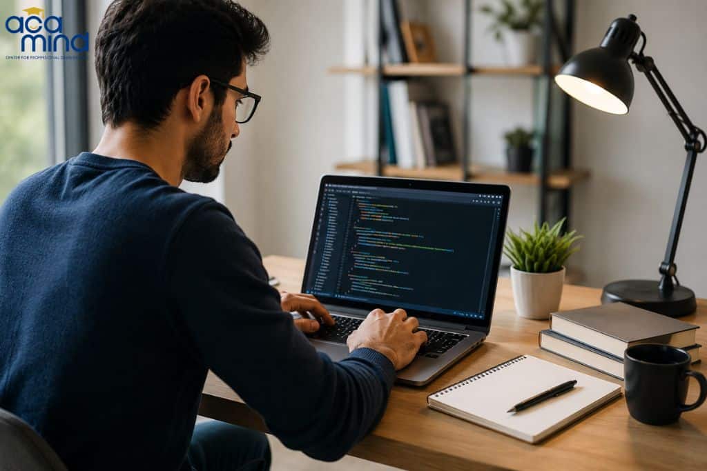 AI coding student working on a laptop in a modern home office.