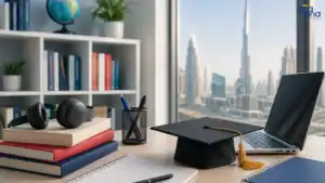 Study desk with books, headphones, and a laptop with Dubai skyline view.