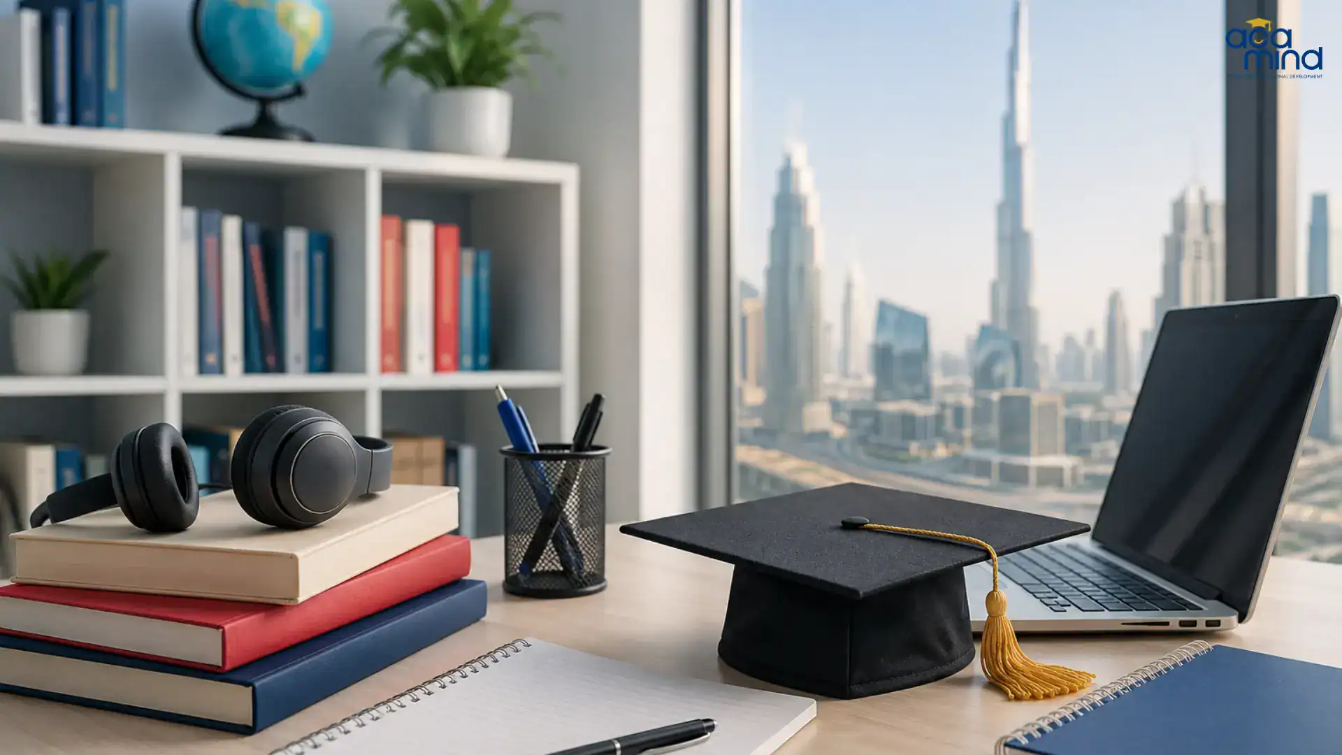Study desk with books, headphones, and a laptop with Dubai skyline view.