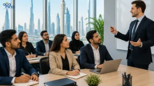 Business trainer presenting to a diverse group in a modern office.
