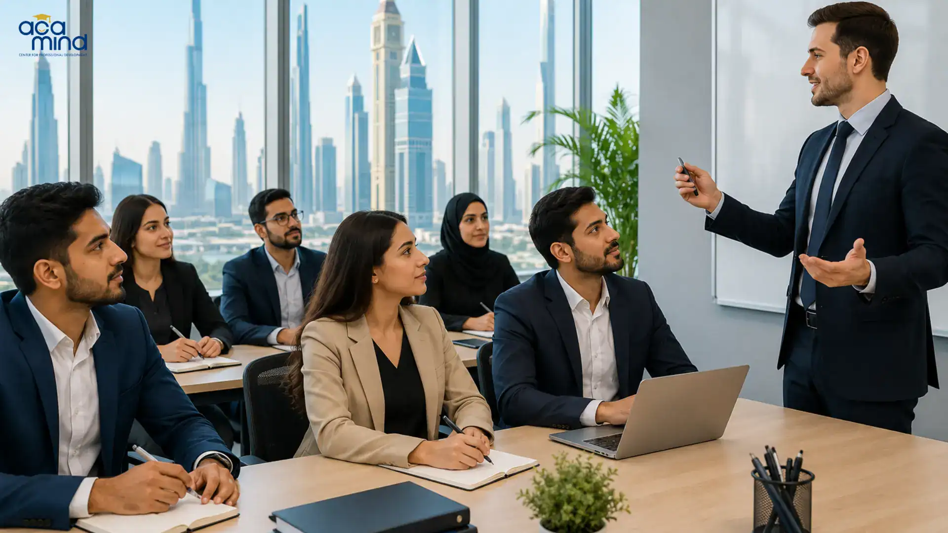 Business trainer presenting to a diverse group in a modern office.