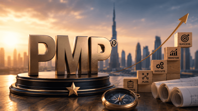 PMP certification logo with Dubai skyline and growth chart in background.