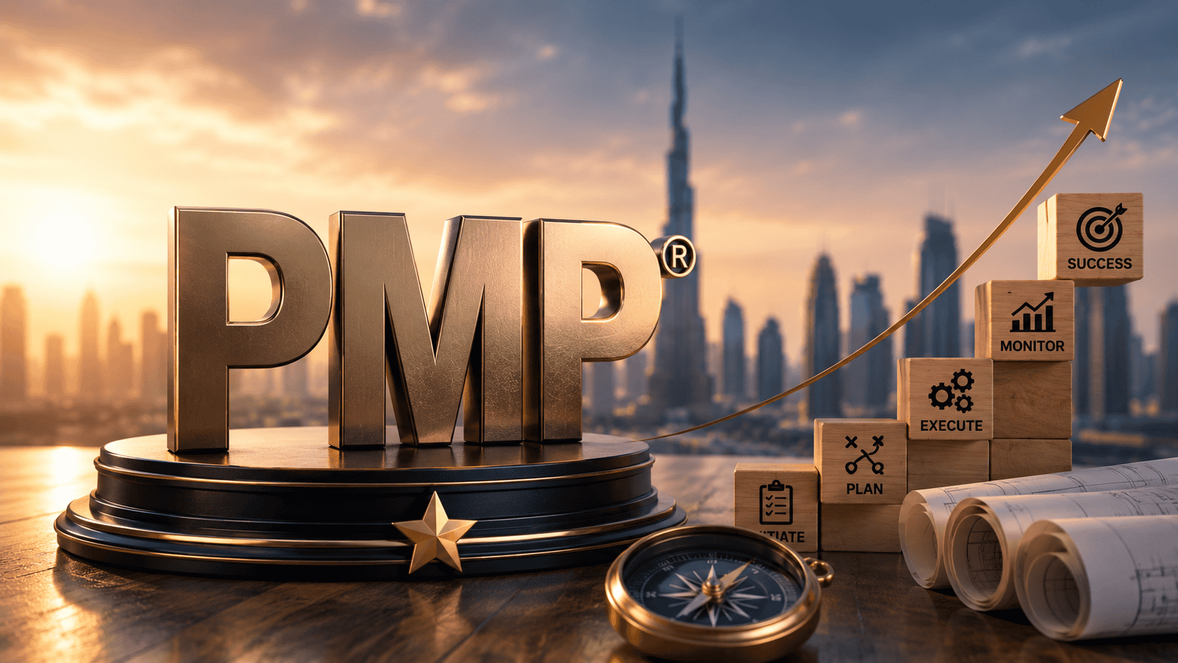 PMP certification logo with Dubai skyline and growth chart in background.