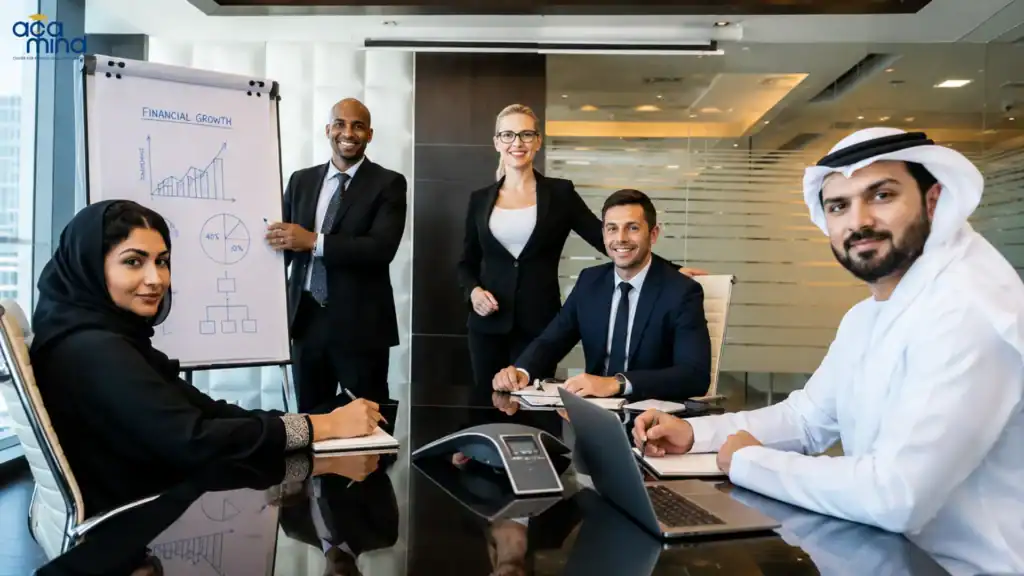 Business team discussing financial growth in a modern office.
