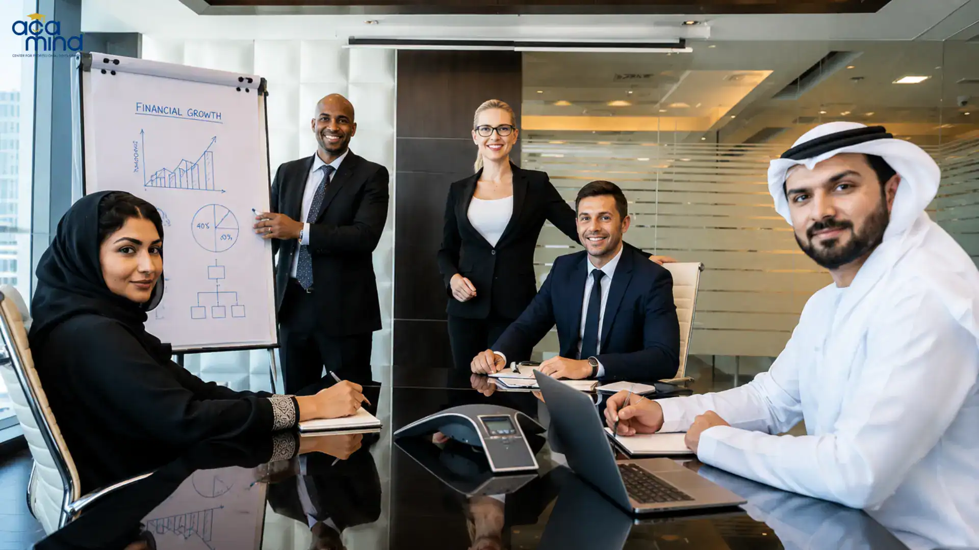 Business team discussing financial growth in a modern office.