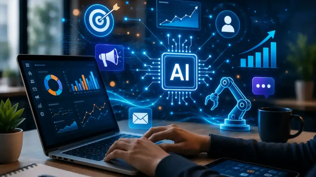 Digital AI technology with data analytics and robotic arm on screen.