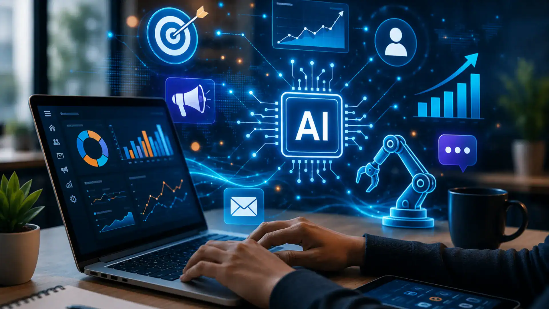 Digital AI technology with data analytics and robotic arm on screen.