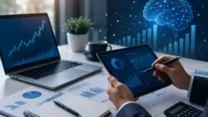 Businessperson analyzing financial data with AI graphics on screen.