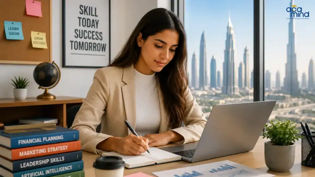 Young woman studying with laptop and books in Dubai office.