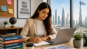 Young woman studying with laptop and books in Dubai office.