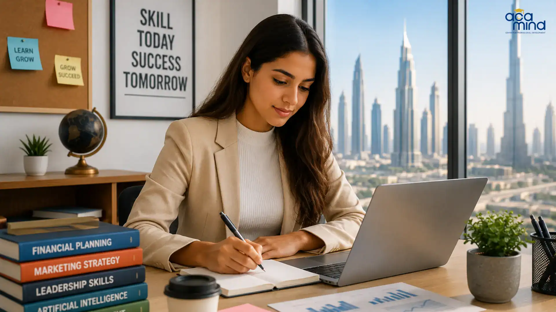 Young woman studying with laptop and books in Dubai office.