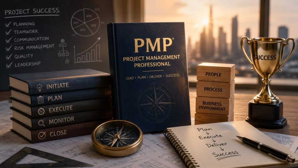 PMP certification book with related study materials and a trophy on a desk.