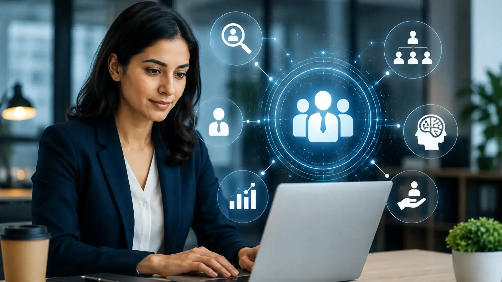 Businesswoman analyzing HR data on laptop with digital icons.