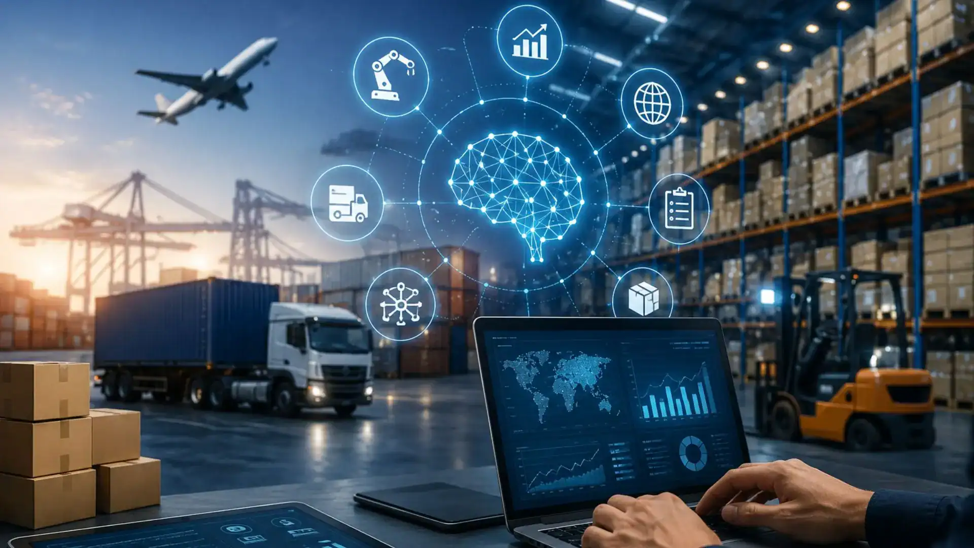 Logistics warehouse with AI and data analytics technology.