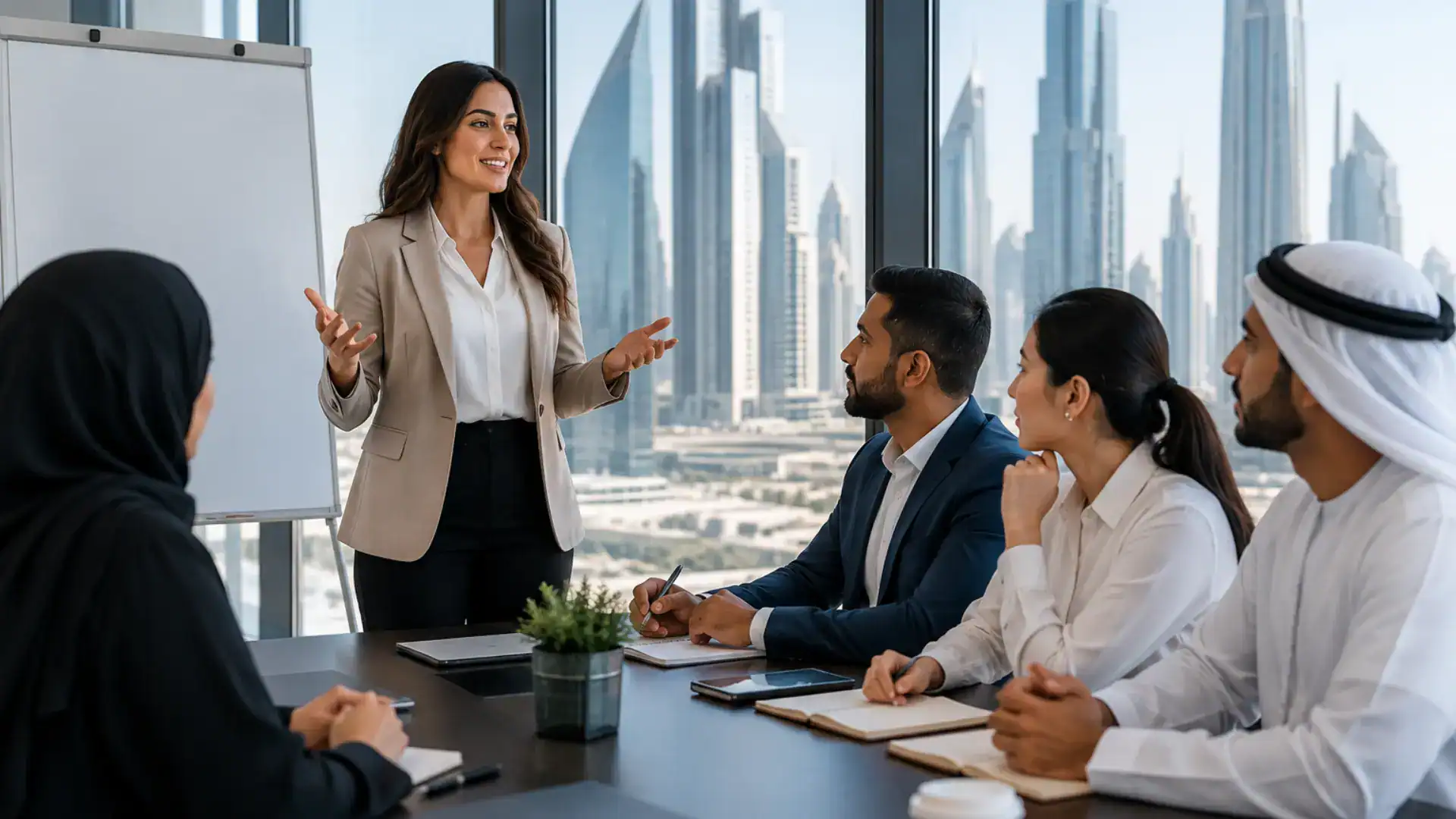 Businesswoman presenting to diverse team in Dubai office.