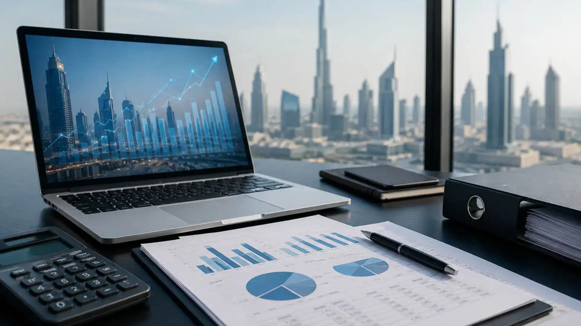 Business analysis with charts and a laptop in a modern office setting.