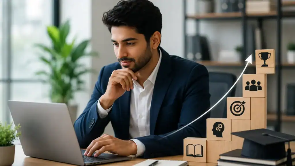Young man studying with a laptop and growth icons on wooden blocks.