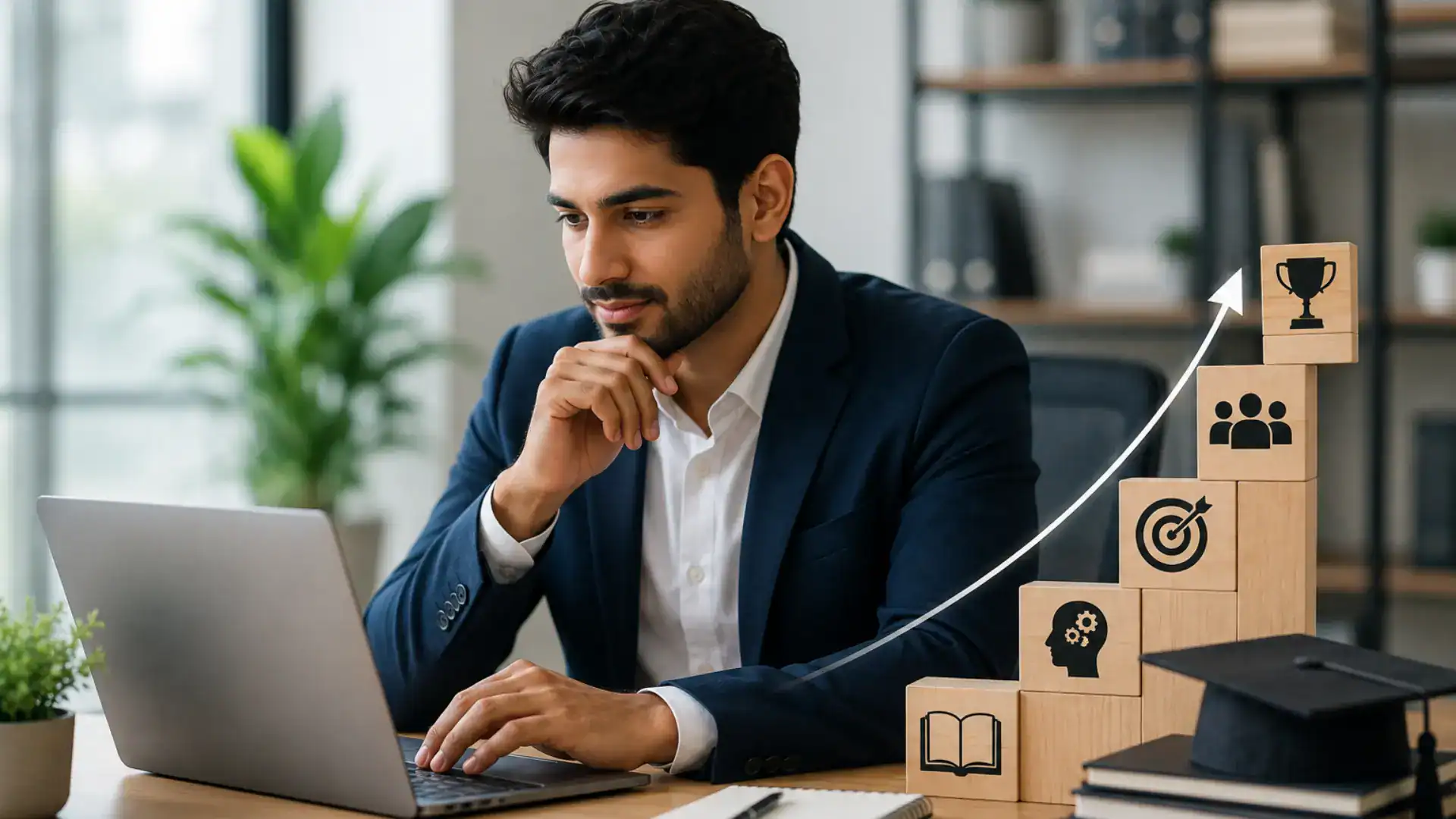 Young man studying with a laptop and growth icons on wooden blocks.