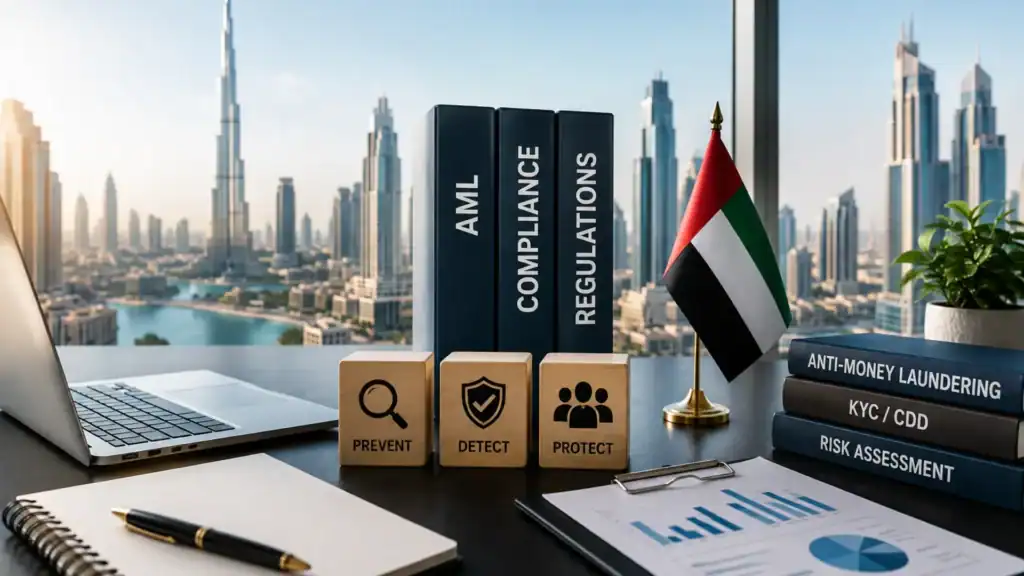 Books on AML compliance and regulations with Dubai skyline in background.