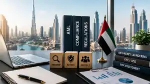Books on AML compliance and regulations with Dubai skyline in background.