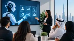 Businesswoman presenting AI concepts to a diverse team in a modern office.