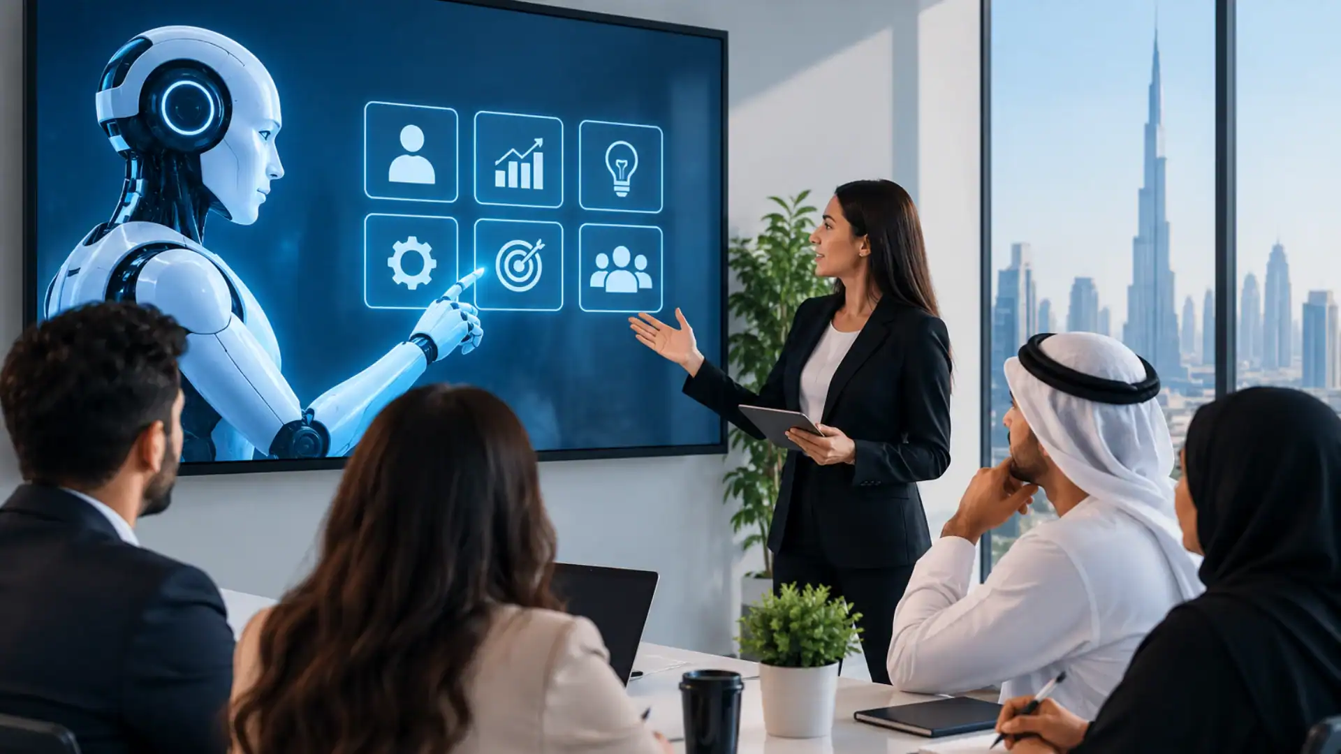 Businesswoman presenting AI concepts to a diverse team in a modern office.