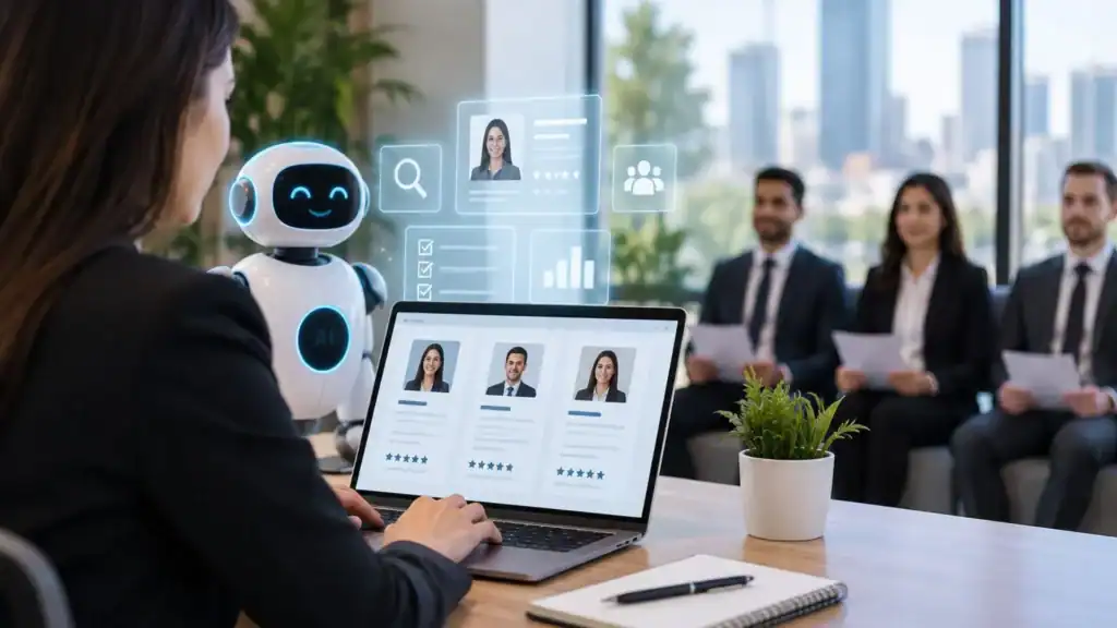 AI robot assisting in a recruitment interview with candidates.