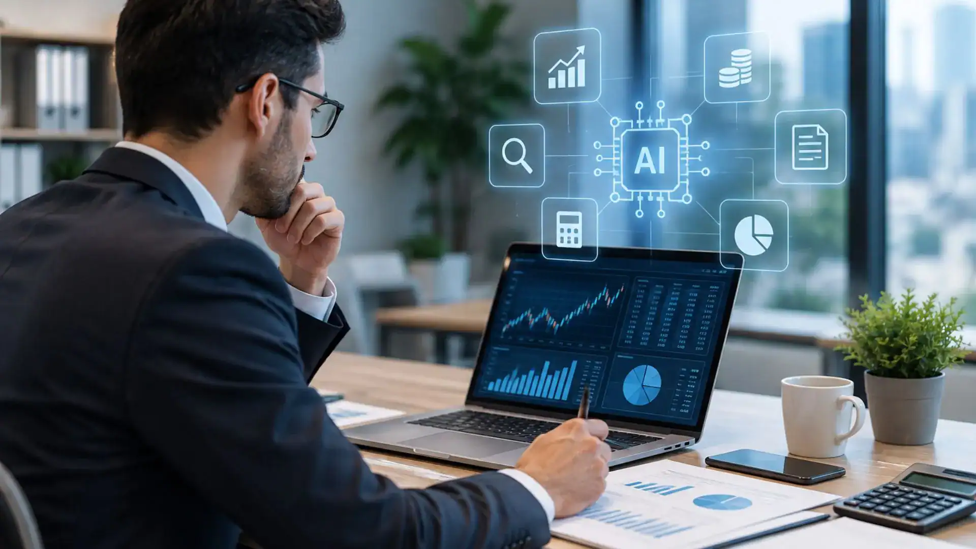 Businessman analyzing AI data on a laptop with digital icons.