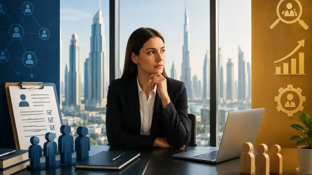 Businesswoman contemplating in a modern office with Dubai skyline view.